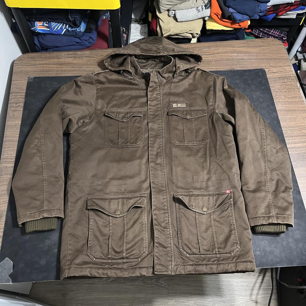 Quiksilver Military Jacket Canvas Hooded Sherpa Surf Parka Workwear Vintage